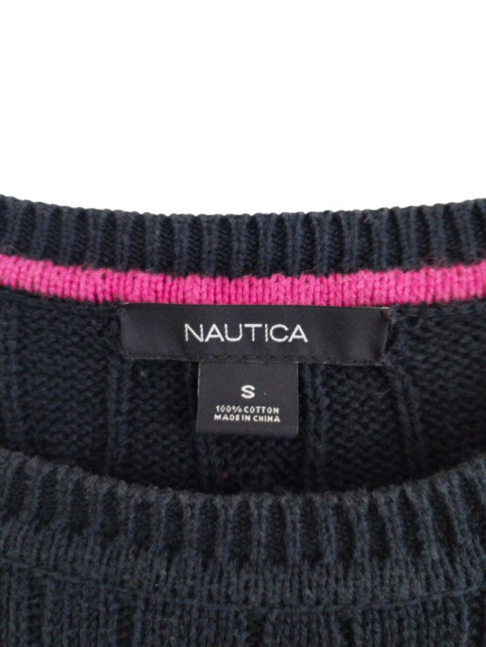 Nautica Navy Cable Knit Short Sleeve Sweater Top with Pink Logo Like New Size S - Picture 3 of 7